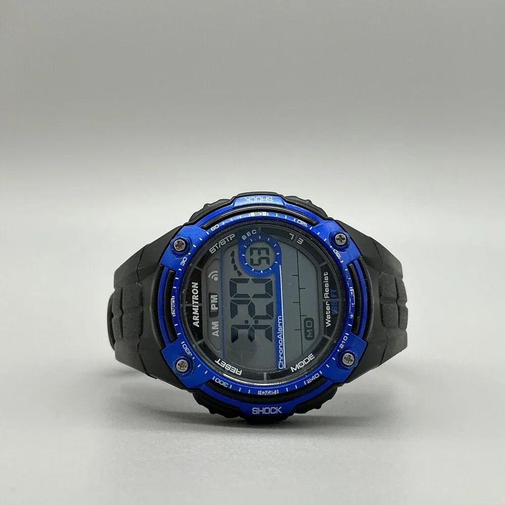 Armitron Pro Sport Mens Watch 45mm Digital Black Blue 165FT WR Day Date Chrono